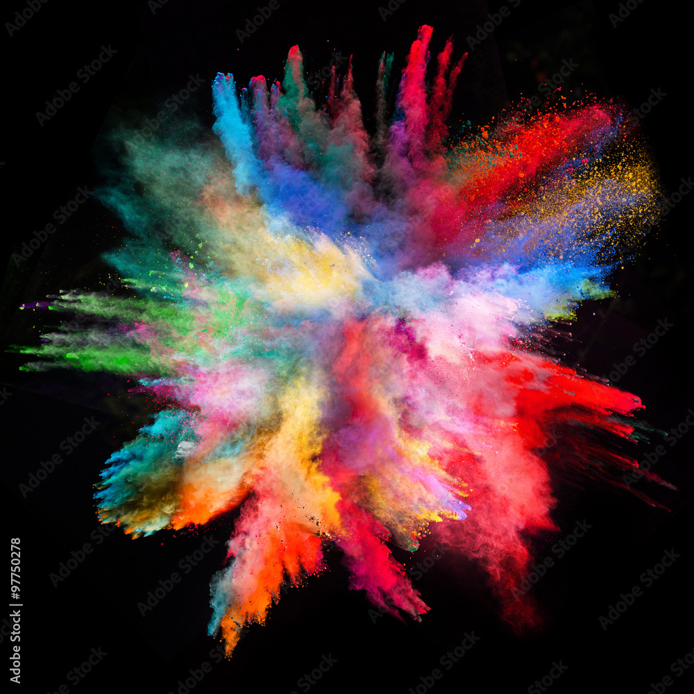 Launched colorful powder on black background Launched colorful powder on black background