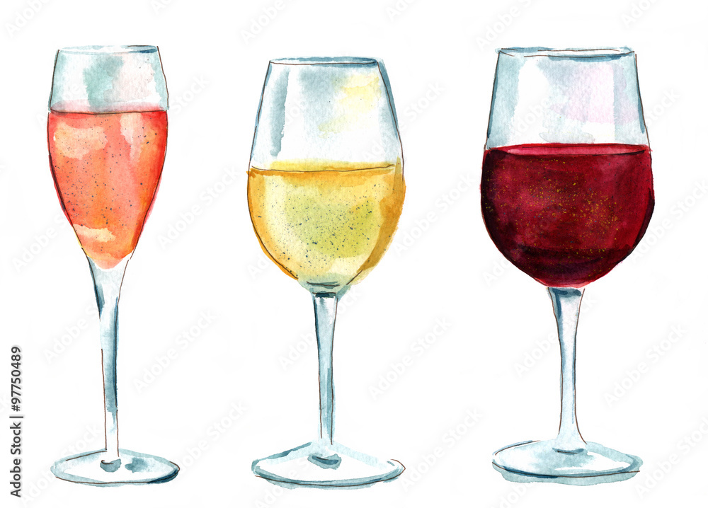 Red, white and rose wine in glasses, illustration - Stock Image - C039/6072  - Science Photo Library