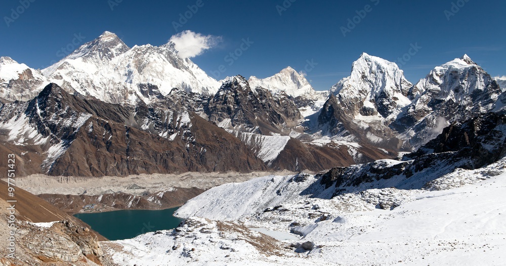 Panoramic view of Everest, Lhotse, Makalu and Gokyo Lake
