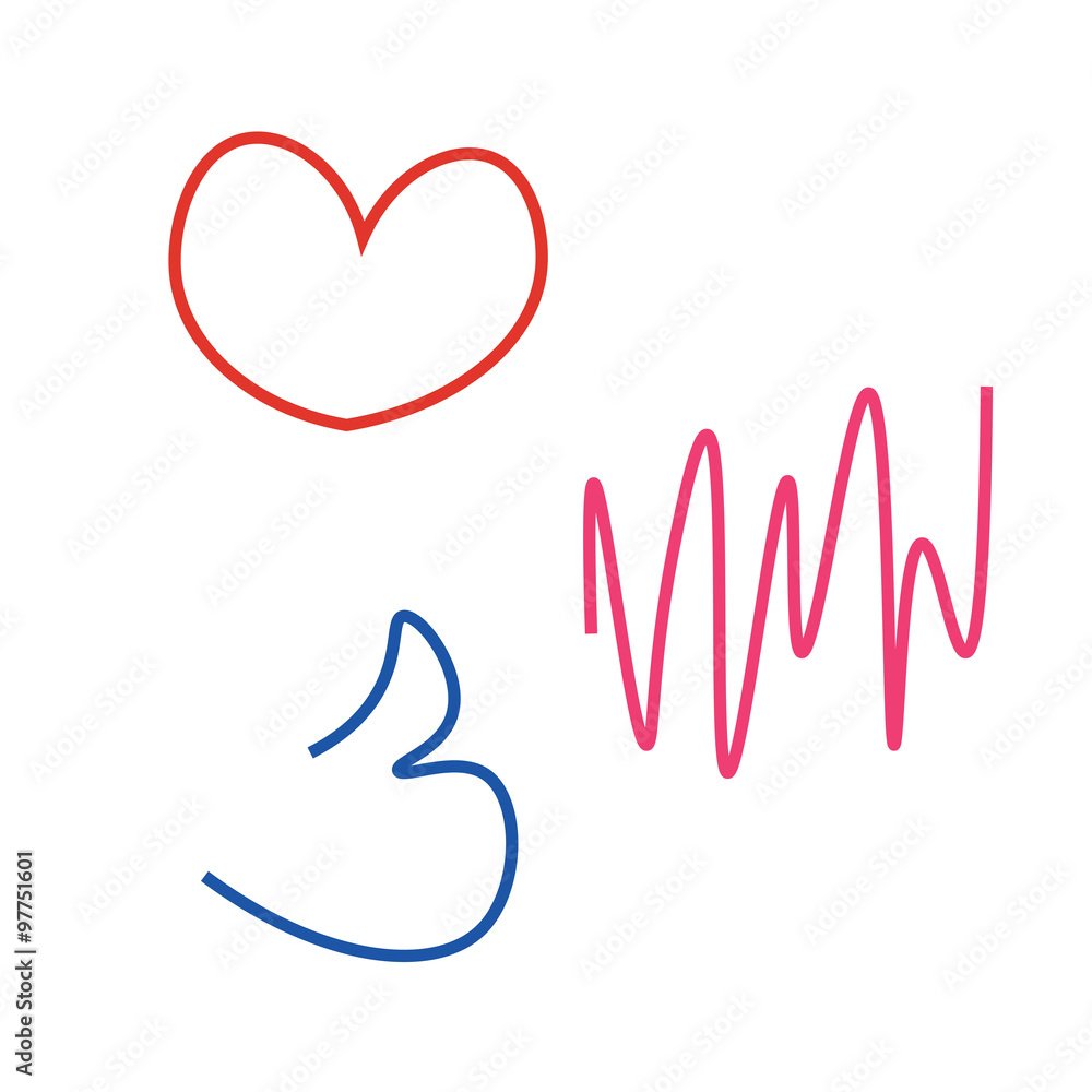 set of three vector signs lwith red heart pink cardiogram and blue finger up on white background