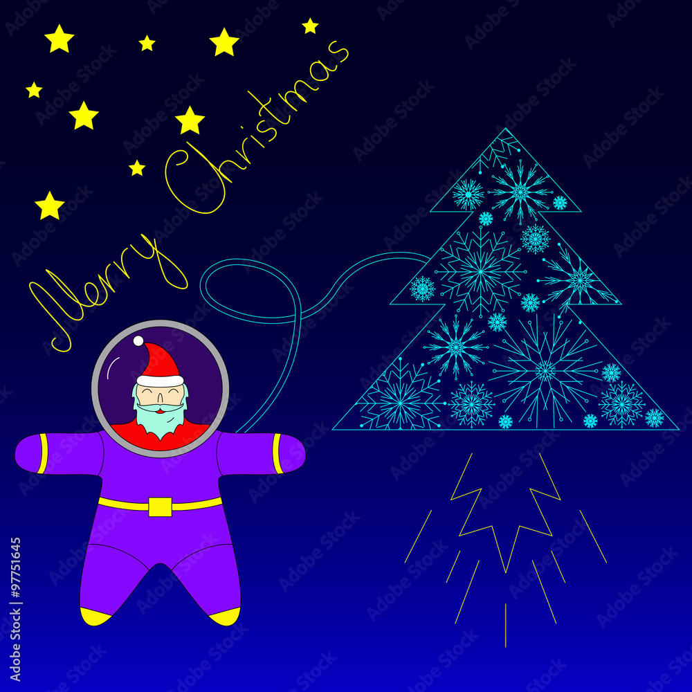 Fototapeta premium Santa is flying in space near his rocket tree. Santa astronaut flying to the stars in a spaceship in the form of a Christmas tree. Colored.