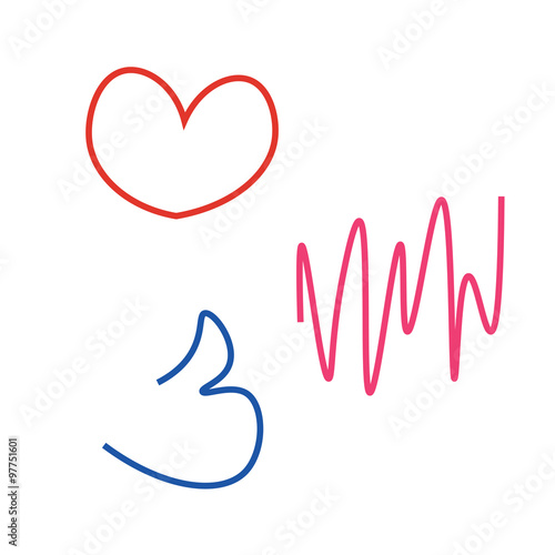 set of three vector signs lwith red heart pink cardiogram and blue finger up on white background photo