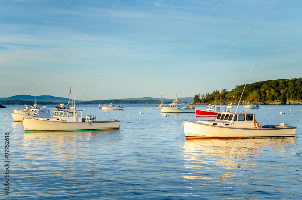 Fishing Boats Moored in Harbour at Dusk. Bar Harbor, Maine.