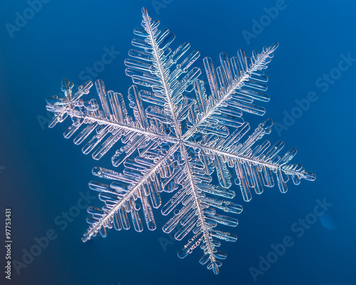 a real snowflake macro lies on a blue background, as if flying in sky