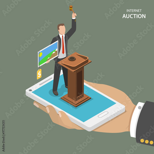 Internet auction isometric flat vector concept.