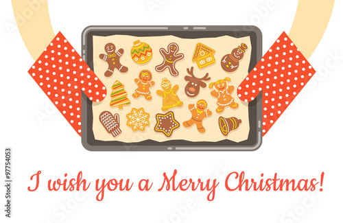 Christmas gingerbread cookies, just baked and got out of the oven. Vector background. Housewife holding in hands a tray with baking paper and different figures of homemade cakes. Flat illustration