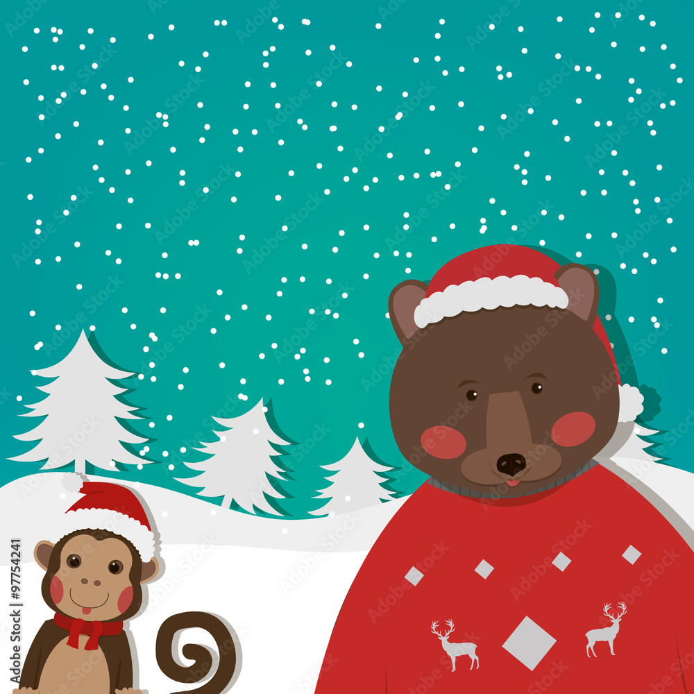Chinese Zodiac - Monkey and funny Bear. New Year and Christmas greeting card. Winter background. Vector illustration.