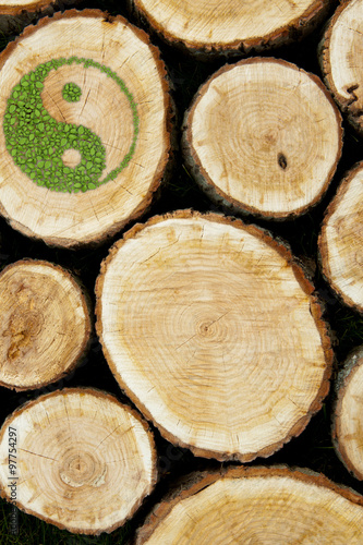 Stacked Logs Background with ying yang symbol