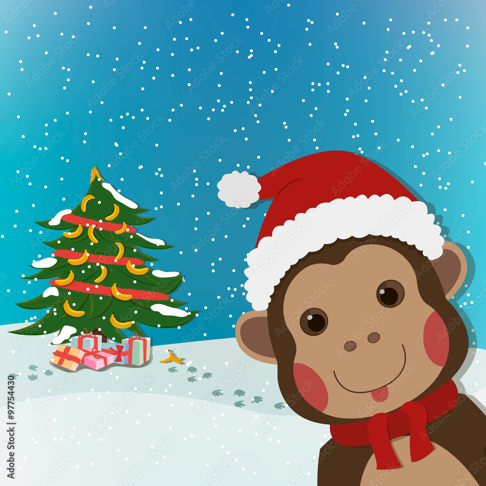 funny monkey, new year and christmas greeting card, background, cartoon character illustration funny monkey, new year and christmas greeting card, background, cartoon character illustration