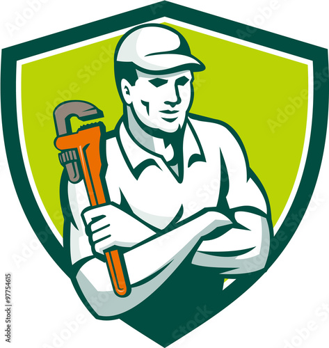 Plumber Monkey Wrench Arms Crossed Shield Retro