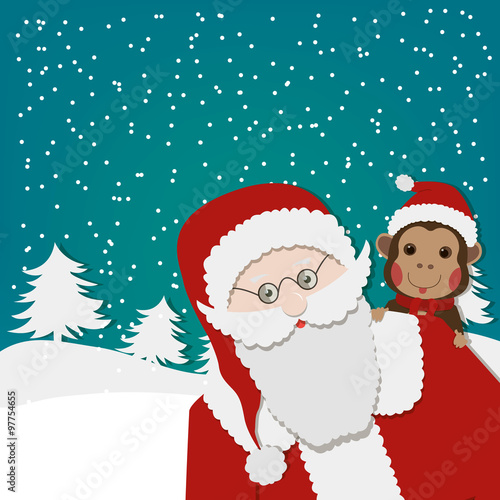 Santa claus and Chinese Zodiac - Monkey Christmas background. Vector illustration. 2016 New Year Symbol. © switchpipi