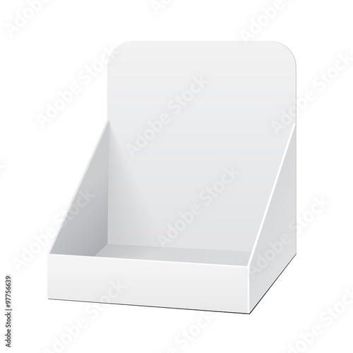 White Holder Box POS POI Cardboard Blank Empty Displays Products On White Background Isolated. Ready For Your Design. Product Packing. Vector EPS10 