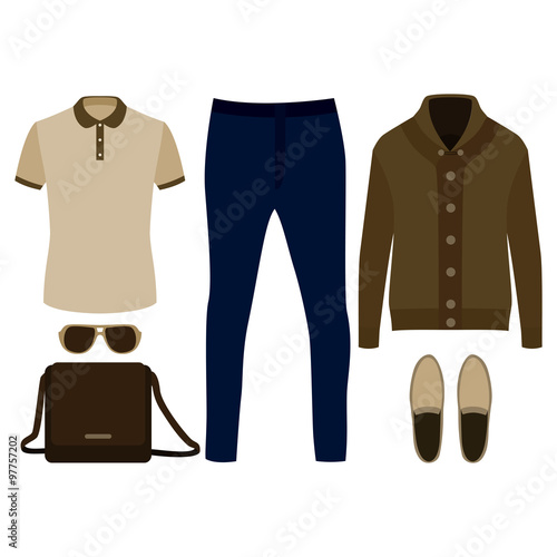 Set of  trendy men's clothes. Outfit of man cardigan, t-shirt, pants and accessories. Men's wardrobe. Vector illustration