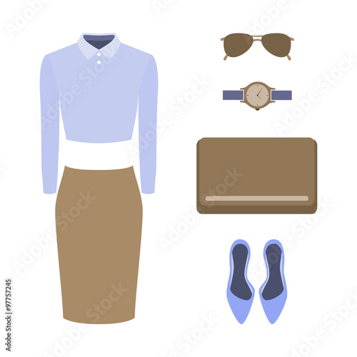 Set of trendy women's clothes. Outfit of woman skirt, blouse and accessories. Women's wardrobe. Vector illustration