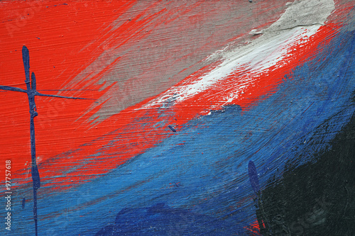 Brushstroke - white, blue and red acrylic paint  on  metal surfa #97757618