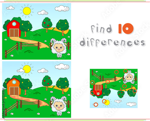 Rural landscape with barn, corrals, fruit trees and sheep. Educa