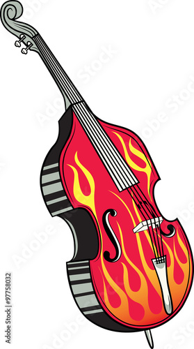 Rockabilly double bass with flames drawn in a comic art style