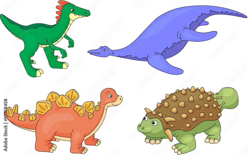 Obraz premium Set of pliosaur, stegosaurus, ankylosaurus and guanlong