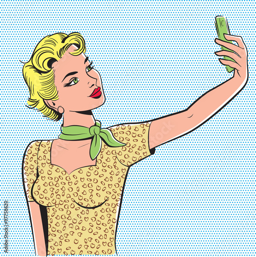Pop art graphic of blonde girl taking a self portrait selfie with her smart phone