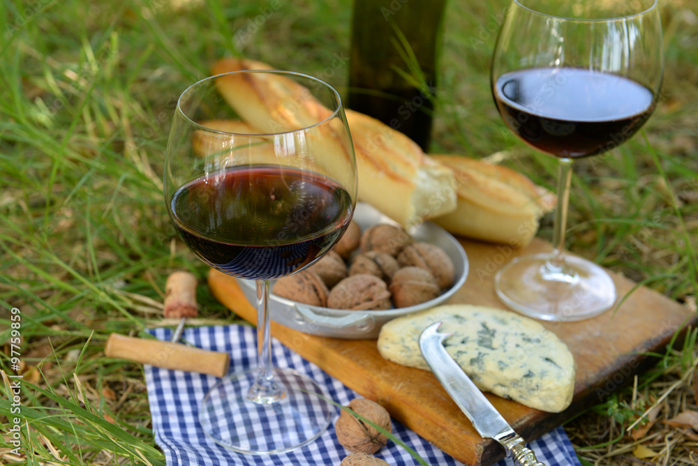 Picnic concept - Wine, delicious cheese, walnuts and baguette on wooden board, outdoors