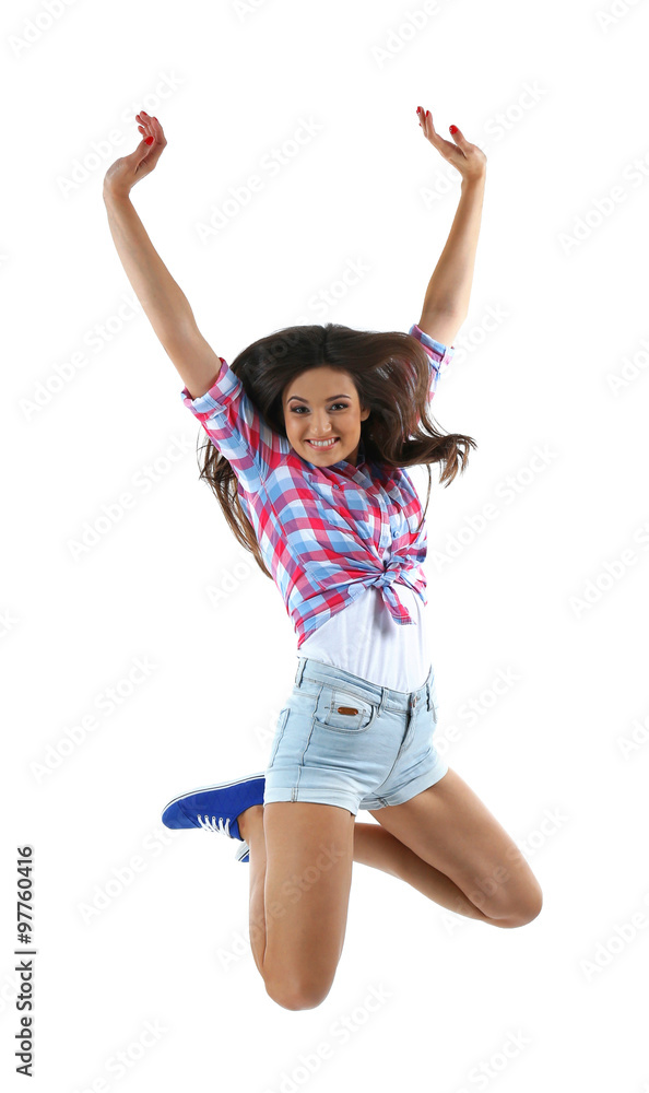 Active girl jumping in joy, isolated on white Active girl jumping in joy, isolated on white