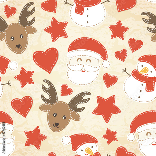 Childish Christmas seamless pattern with Santa Claus, Christmas trees, baubles and stockings