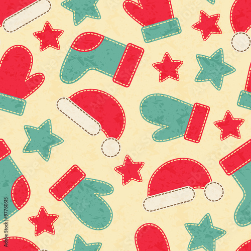 Childish Christmas seamless pattern with Santa Claus, Christmas trees and reindeer