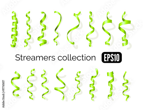 Collection of green streamers and party ribbons isolated on white