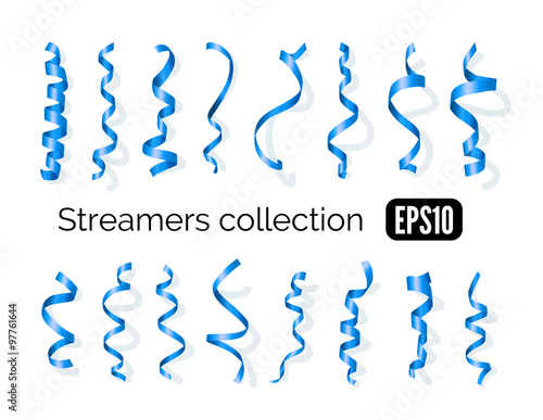 Collection of blue streamers and party ribbons isolated on white