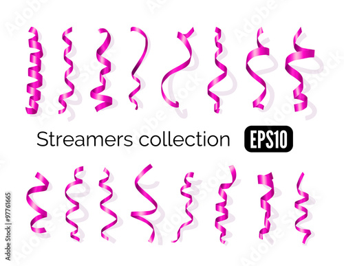 Collection of pink streamers and party ribbons isolated on white