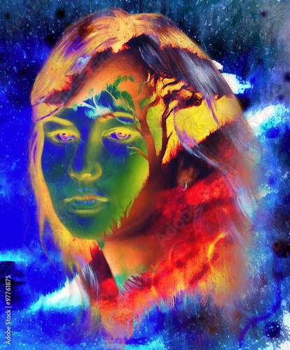 Goddess woman, face and tree, and color abstract background. Blue, black, yellow and red color.