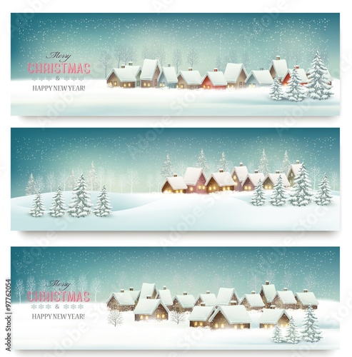 Holiday Christmas banners with villages. Vector.