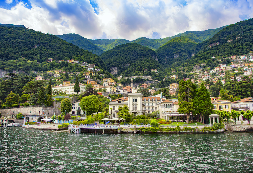 Moltrasio town and garden, Como Lake district landscape. Italy,