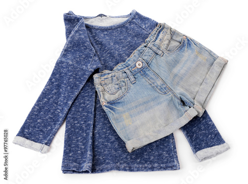 Blue denim shorts with pullover isolated on white background © Africa Studio