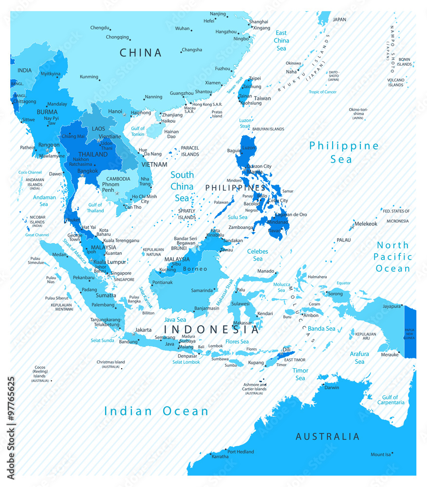 Southeast Asia Detailed Map Blue Colors