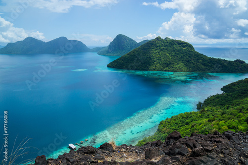 Scenic view Tun Sakaran Marine Park tropical island in Semporna, Sabah, Malaysia. Taken from the peak of Bohey Dulang Island.
