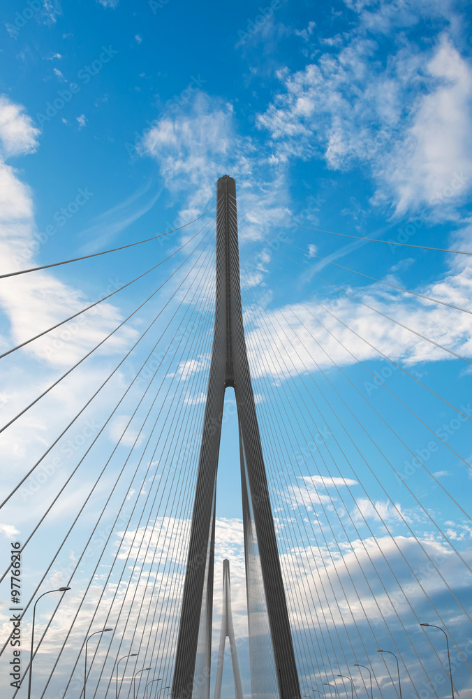 Obraz premium Cables and supports of bridge in china against blue sky