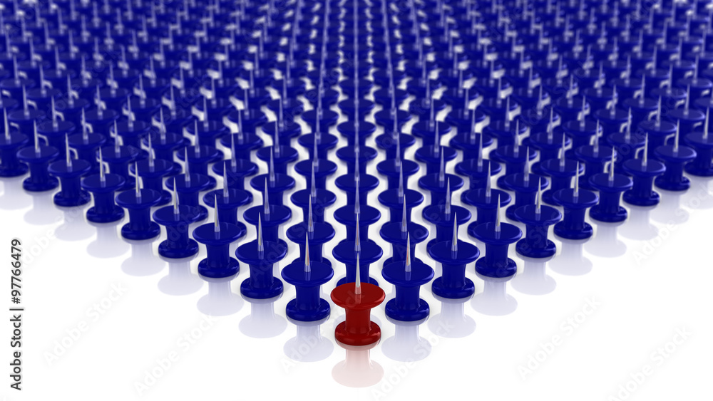 Fototapeta premium One red of many blue pins