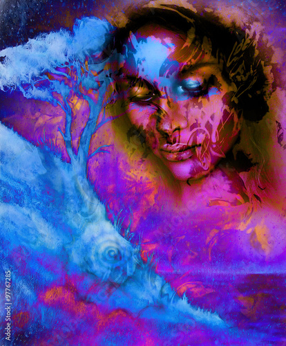 Goddess woman, with ornamental face and tree, and color abstract background. meditative closed eyes, computer collage . Pink, violet, blue, and black color.