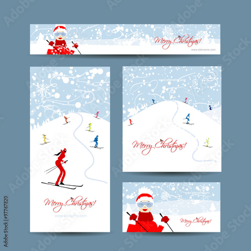 Business cards design. People skiing, winter mountain landscape