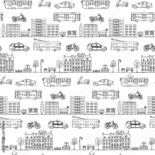 Seamless pattern with hand drawn city street elements