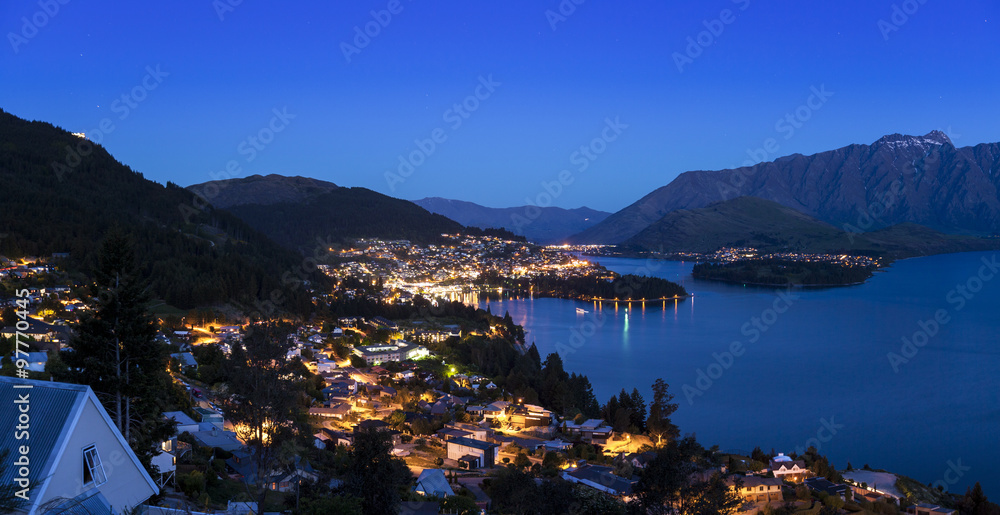 Panoramic view of Queenstown at sunset on New Zealand's South Is