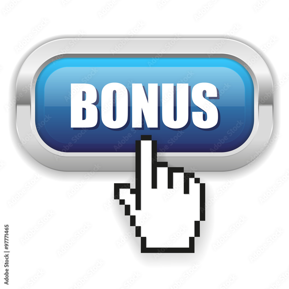 Blue bonus button with metal border and hand cursor Blue bonus button with metal border and hand cursor