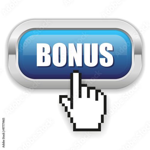 Blue bonus button with metal border and hand cursor 