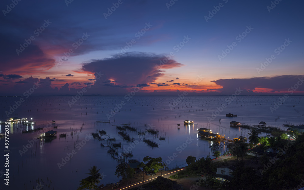 Landscape of Fish Farm in Songkhla Lake at Sunset, Songkhla, Thailand