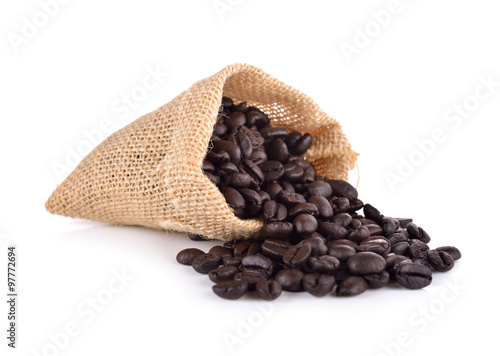 coffee beans in sack on white background