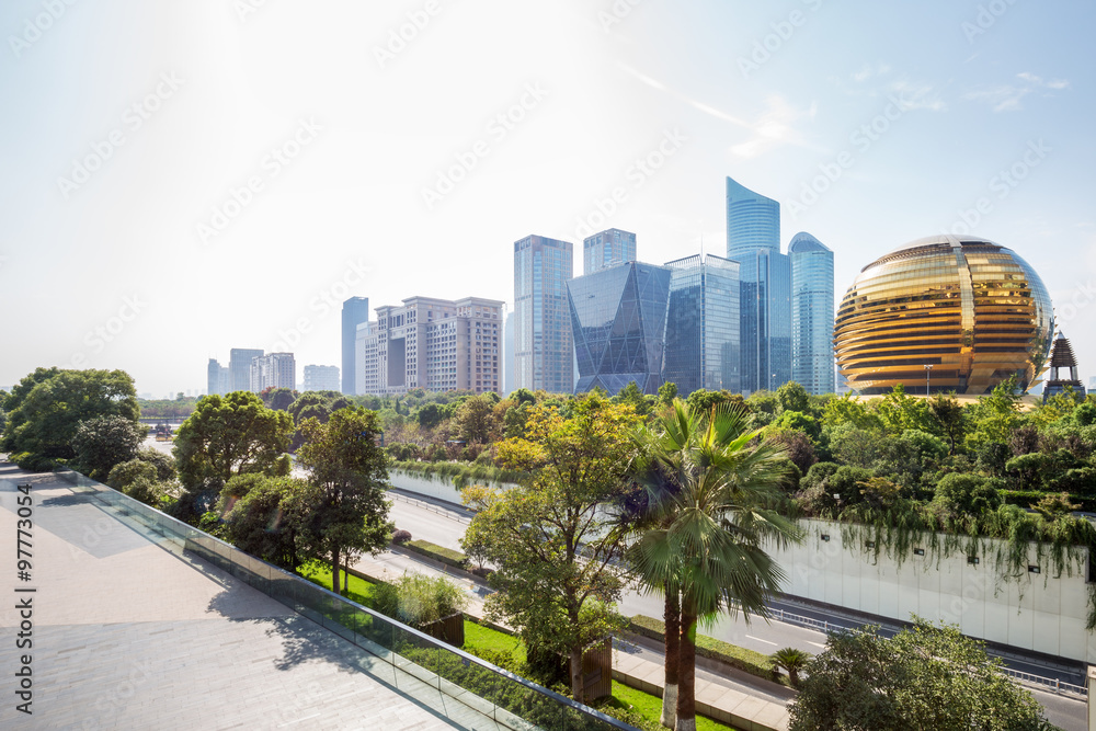 Fototapeta premium skyline and empty square front modern buildings