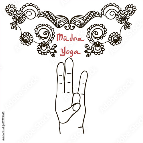Element yoga Surya mudra hands with mehendi patterns.
