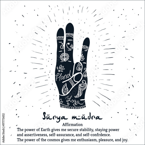 Element yoga Surya mudra hands with mehendi patterns.
