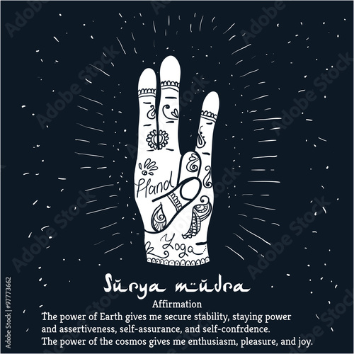 Element yoga Surya mudra hands with mehendi patterns.